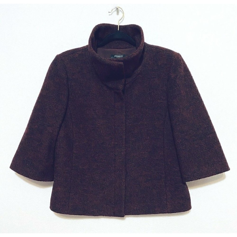 Ann Taylor Stand Up Collar Jacket Womens Size 12 Dark Red Marled Zip 3/4 Sleeves